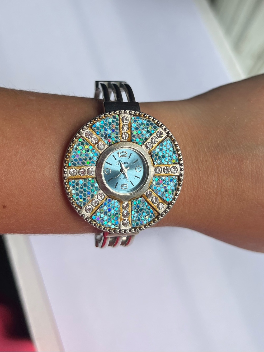 Time Blue Rhinestone Bangle Cuff Quartz Watch Silver Tone AS-IS Needs Battery